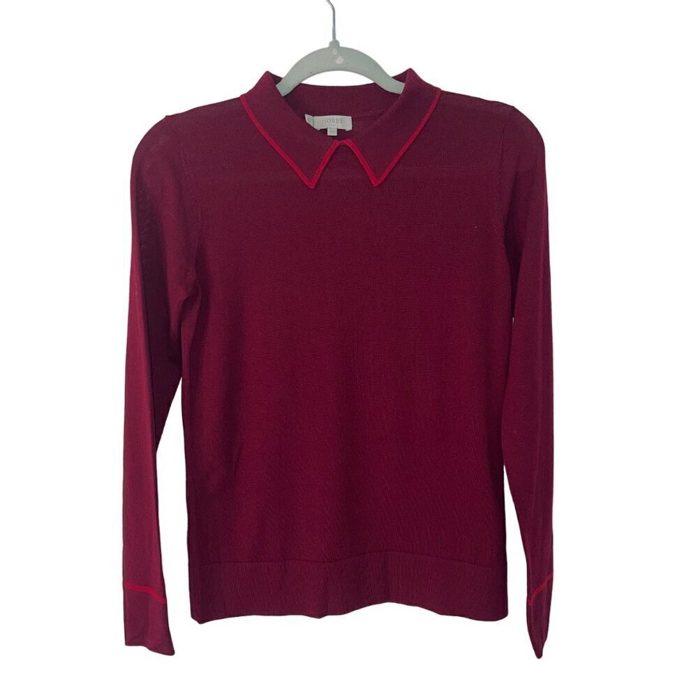 Hobbs London Womens Sweater Size XS Red Nicole Long Sleeve Collared Pure Wool